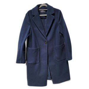 M & S Navy Blue Over Coat Solid Notched Lapel Collar w 2 Pockets Fleece Jacket 6